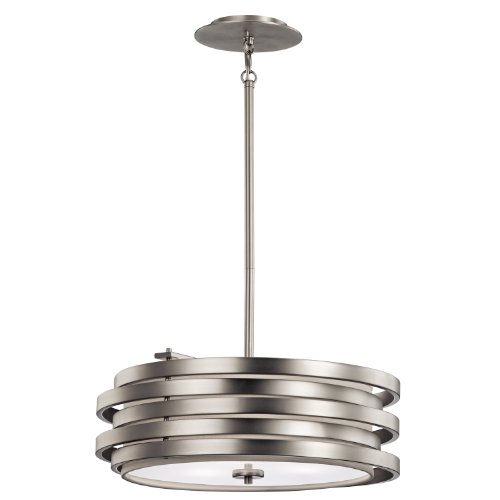 Kichler Roswell 7.25 3 Light Pendant with Satin Etched Diffuser and Off White Linen Shade in Brushed Nickel