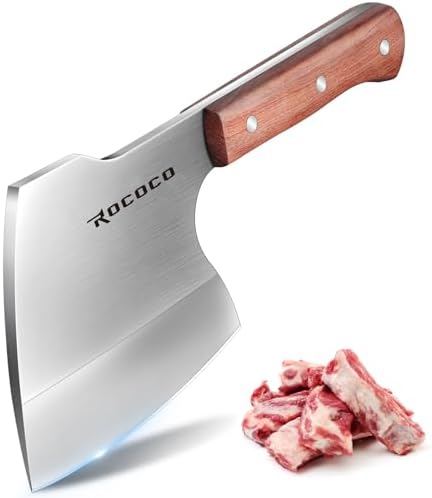 ROCOCO Meat Bone Cleaver Knife for Meat Cutting Heavy Duty Butcher Axes Hand Forged Full Tang Chopper for Kitchen Thanksgiving Christmas Gifts Idea Men Silver - Thumbnail 2