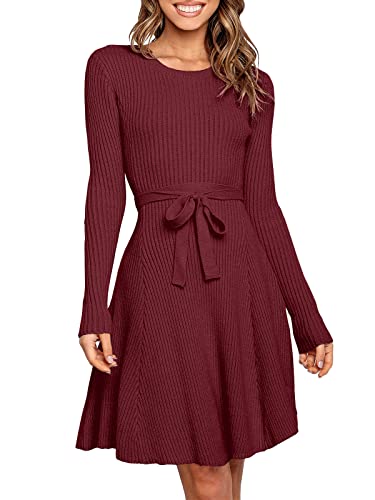 ANRABESS Women's Long Sleeve Midi Dress Crewneck Tie Waist A-Line Swing Casual Bodycon Ribbed Knit...