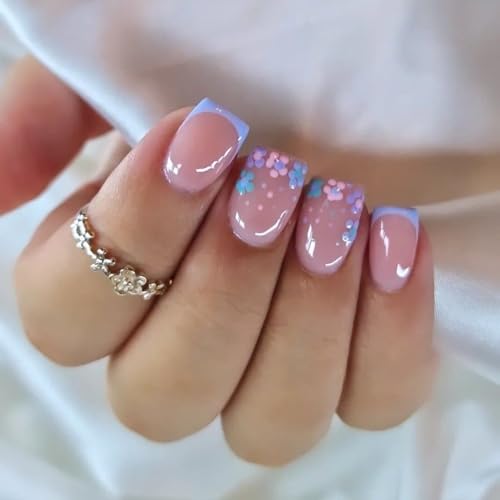 Floral Short Square Press on Nails Soft Nude Base Light