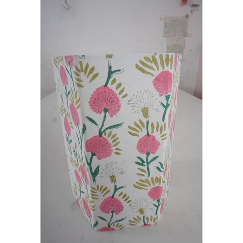 Image of Floral Hand Block Printed 3.3 Gallon Decorative Waste Basket - Eco-Friendly Cardboard Trash Can, Plastic-Free & Sustainable, Perfect for Christmas and Housewarming Gifts (1, Pink Green)