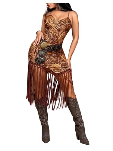 Women's Western Cowgirl Cami Dress Boho Paisley Asymmetrical Fringed Bodycon Midi Dresses 70s Outfits