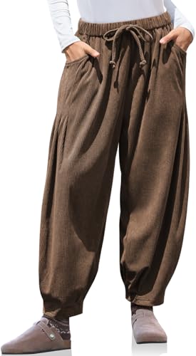 TARSE Womens Baggy Wide Leg Pants Corduroy Casual Drawstring Waist Palazzo Harem Pants with Pockets