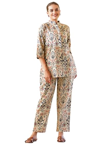 Image of Cotton Relaxed Fit Shirt & Trouser Co-Ord Set for Women |Front Openable Button and 3 /4 Sleeve Shirt |Two Pockets and Elasticated Waist Trouser | Casual Wear and Everyday Wear