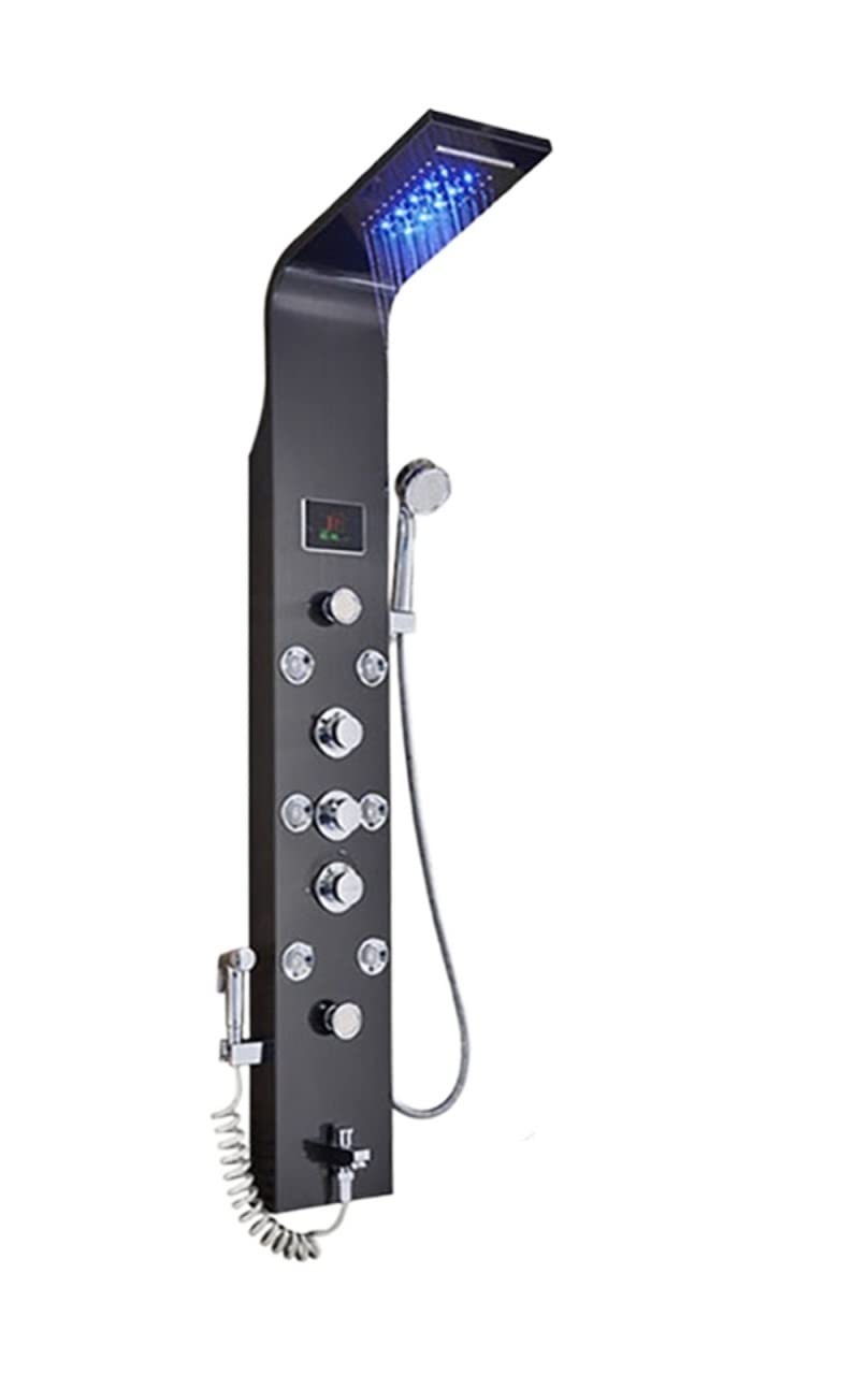 Soywim Black Shower 8009 Shower System, Led Bathroom Shower Panel 6 Modes Intelligent Lcd Column Rose Gold Rain Waterfall Bath Systems With Massage Jet Mixer Tap(Black Shower 8009)