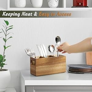 DRASTAR Silverware Holder, Acacia Wooden Utensil Caddy, Silverware Organizer Countertop, Cutlery Holder for Party, Fork Spoon Knife Organizer DRASTAR Silverware Holder Acacia Wooden Utensil Caddy Silverware Organizer Countertop Cutlery Holder for Party Fork Spoon Knife Organizer