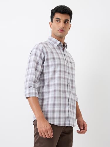 Image of Raymond Men Slim Fit Checks Pattern Pure Cotton Regular Collar Full Sleeve Casual Shirt Grey