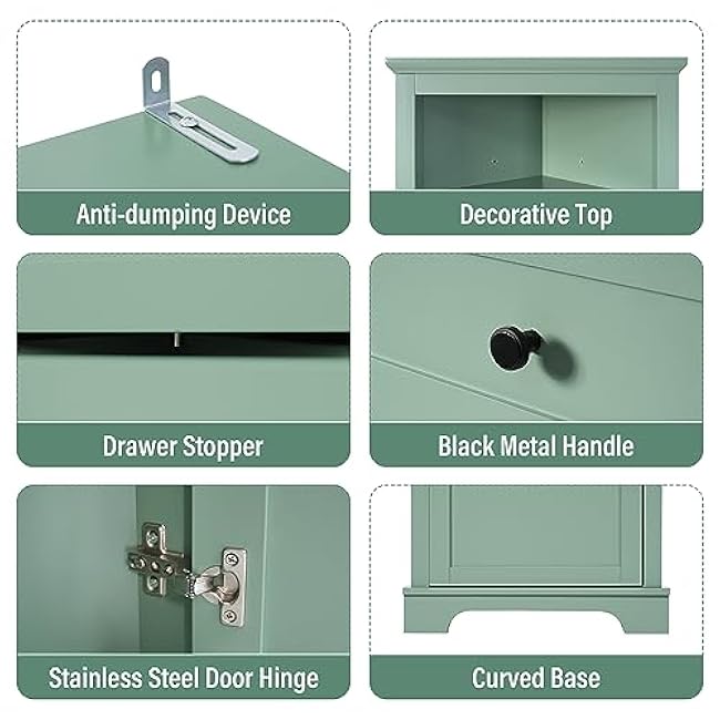 Green Corner Cabinet, Bathroom Corner Cabinet, Triangular Tall Corners Cabinets with 3 Drawers and Adjustable Shelf Storage, MDF Board Material for Bathroom, Kitchen Or Living Room (Green)