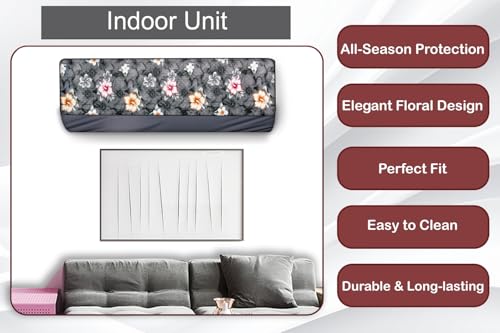 Image of The Furnishing Tree Split AC cover for indoor and outdoor unit of 1 ton waterproof and dustproof Grey Floral pattern