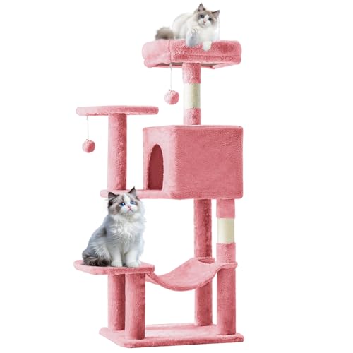 Sweetcrispy 44 inch Cat Tree Tower, Multi-Cat Climbing Tower with Condo, Natural Sisal Scratching Posts, Extended Platform, Hammock, Pet House for Indoor Cats and Kittens Play, Pink