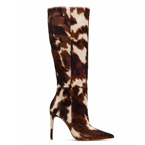 Fall Knee High Boots Women Stiletto High Heel Tall Wide Calf Boots Comfortable Faux Fur Pointed Toe Side Zipper Long Winter Shoes