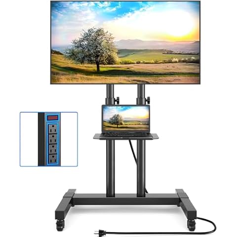Rfiver Upgraded Rolling TV Stand with Power Outlet for 32-83 Inch TVs, Heavy Duty Mobile TV Cart on Wheel up to 110 lbs, Height Adjustable Portable TV Stand with Shelf for Bedroom, Living Room, Office Cover