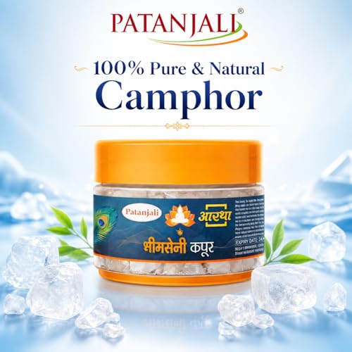 Image of Patanjali Aastha Bhimseni Kapoor Camphor Crystals for Puja, Havan & Aromatherapy | Natural Long Lasting Air Freshening Kapoor | 25g Each Jar, Pack of 4 for Home, Temple & Spiritual Use for Daily Pooja