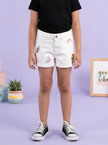 Image of KiddoPanti Girls Tight Length Rollup Denim Shorts with Lavender and Pink 3D Crochet Flowers