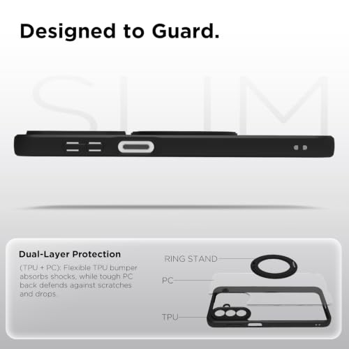 Image of RIGGEAR Shockproof Sleek Hybrid Armor 360 Rotating Magnetic Ring Stand Back Cover Case Compatible with MagSafe Accessories for Samsung Galaxy M47 5G (Clear PC + Black TPU Bumper)