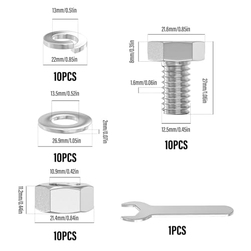 Image of 10PCS 1 /2-13 x 3 /4 inch 304 Stainless Steel External Hex Bolt, Fully Threaded Bolt with Nut Flat & Lock Washers and Spanner