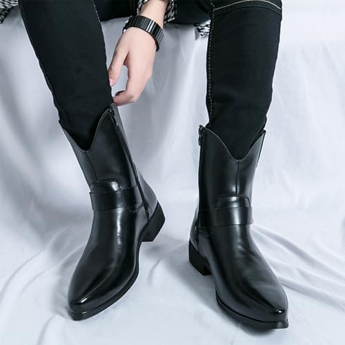 Image of Men's Western Cowboy Boots - Fashion Pointed Toe Chunky Low Heel Belt Buckle Side Zipper Ankle Retro Classic Anti-Slip Short Boots