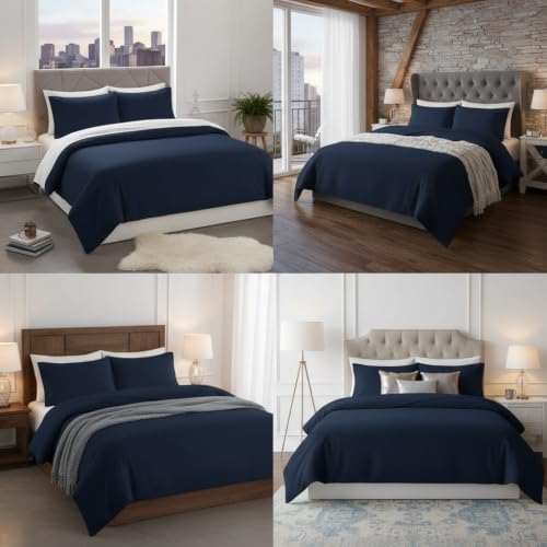 Image of Duvet Cover Set Double Size Bed (92x102 Inch) 1 Duvet Cover + 2 Pillow Covers with Zipper 400 TC Microfiber Luxurious Quilt, Comforter, Rajai, Dohar Blanket Cover (Navy Blue)