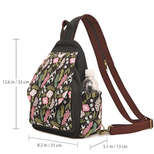 Image of SILKAREA Boho Embroidered Sling Backpack for Women Canvas Travel Chest Bag Flowers Multi-purpose Backpack Purse Shoulder Bag(Embroidered Black)