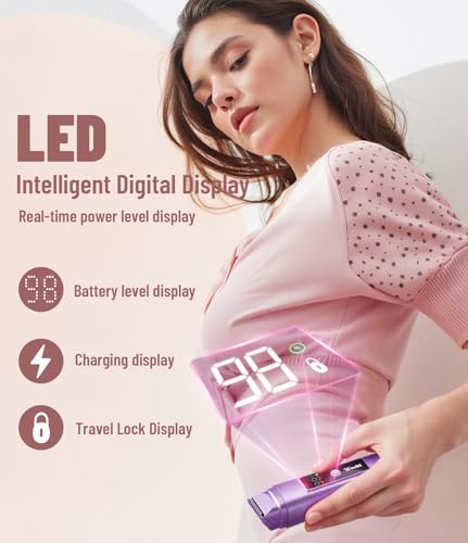Image of Electric Bikini Trimmer for Women: Razor & Shaver with Dual Heads for Body Pubic Hair, IPX7 Waterproof with LED Display - Rechargeable Lady Trimmer for Underarm Body Leg Face - Violet