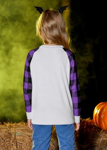 Image of BesserBay Girls Halloween Funny Plaid Graphic Shirt Long Sleeve Spooky Patchwork Raglan Top 5-14 Years