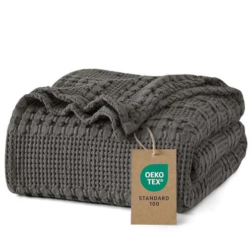 PHF 100% Baumwolle Waffledecke Kuscheldecke 150x200cm Oeko-TEX Zertifiziert - Hotelwäschequalität - Ideal für Sofa Couch Bett leicht & atmungsaktiv Anthrazitgrau (Charcoal Grey)