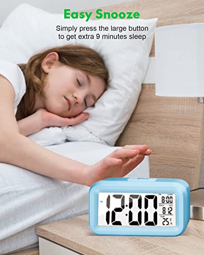 Image of Upgraded Digital Alarm Clock, 4.3 inch LED Display with Temperature Larger Lound Light Control Portable Snooze Calendar Brightness with Battery Powered Alarm Clocks Bedside for Everyone (Blue)
