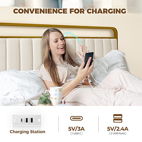 Rolanstar BF007-OW-F-RR-FBM-US-RG Full Size Bed Frame With Led Light And Charging Station, Upholstered Headboard And Footboard, Metal Slat, Noise Free, Easy Assembly, Golden thumb #3