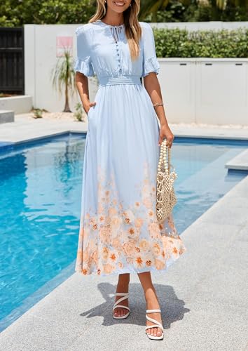 PRETTYGARDEN Women's Boho Floral Maxi Dress Summer 2026 Short Sleeve Tie V Neck Spring Wedding Guest Flowy Beach Sun Dresses (Light Blue,Small) — view 2
