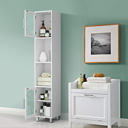 Tangkula Tall Bathroom Cabinet, Home Bedroom Living Room Wood Linen Storage Cabinet Free Standing W/Four Shelves And Two Glass-Paneled Doors Suitable Tall Bathroom Cabinet #TOP1