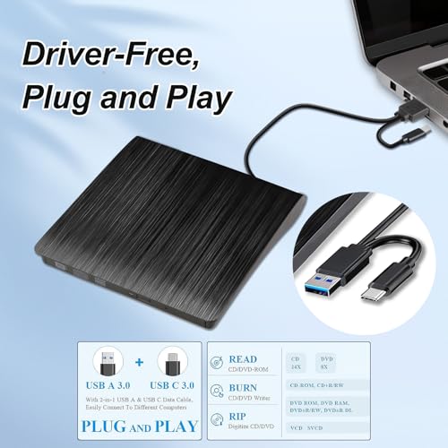 Lyai External CD DVD Drive for Laptop, Portable USB 3.0 and Type-C CD DVD Rw Writer Reader Burner Slim Optical DVD Player for PC, Desktop, Mac OS/Windows 11/10/8/7/XP/Linux - Image 4