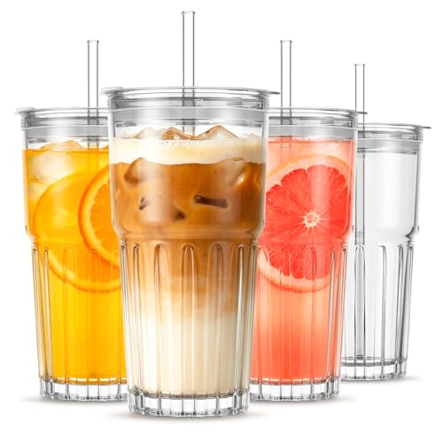 Image of INSETLAN 20 oz Clear Glass Tumbler Set with Lids and Straws - 4-Pack Iced Coffee Cups with Glass Straws & Brushes, Reusable Drinking Glasses for Smoothies, Tea, Juice, Beer, Cold Beverages