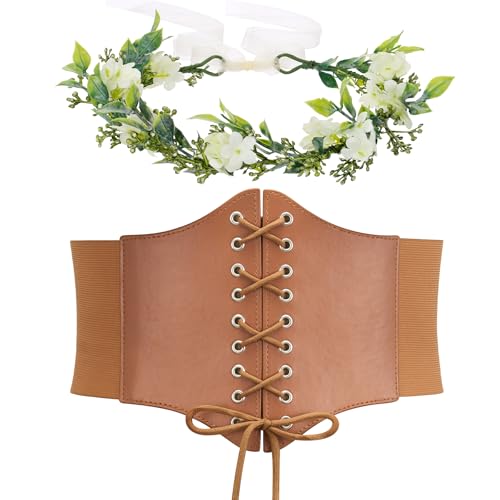 YESSA Renaissance Accessories Lace-up Pirate Cinch Corset Belt for Women Medieval Underbust Corset Waist Belts Ren Faire headpiece Brown Small