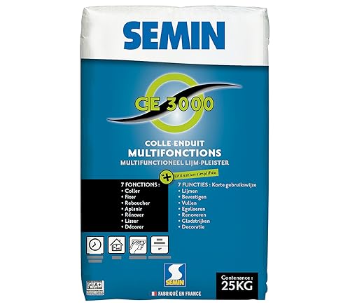 Enduit Multifonctions CE 3000 Semin pour Coller, Fixer, Reboucher, Aplanir, Lisser et Décorer, Intérieur, Sac de 25 kg
