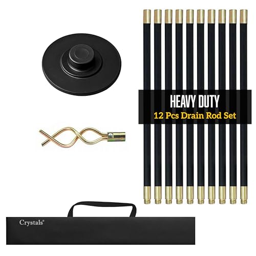Crystals Drain Rods Set Drainage Rods for Outside Drain Flexible 12 Pcs / 9.2M Drain Unblocker with Heavy Duty Rubber Plunger & Double Worm Screw Drainage Rods for Drain Cleaning with Carry Bag