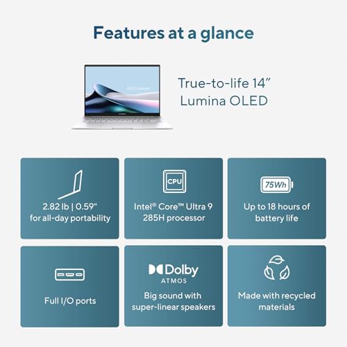 Image of ASUS Zenbook 14 OLED 2025 Laptop, 14 inch 3K 120Hz Touchscreen Display, Intel Core Ultra 9 285H, 32GB RAM, 1TB SSD, WiFi 7, Thunderbolt 4, Backlit Keyboard, Win 11 Pro, w /Mytrix Accessory Lifetime Office