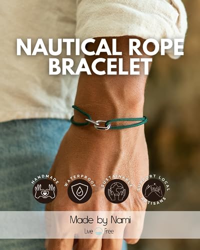 Made by Nami Nautical Bracelets for Men Adjustable and Waterproof Rope Bracelet for Men with Stainless Steel Charm Gift for Him (Emerald Green Silver)2