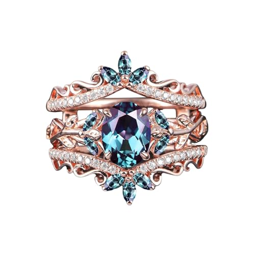 2CT Oval Color-Change Alexandrite Engagement Ring Set for Women Solid 925 Silver/10K/14K/18K Gold Bridal Ring Set Vintage Art Deco Vine Leaf Gemstone Rose Gold Ring Set for Her Unique Gifts