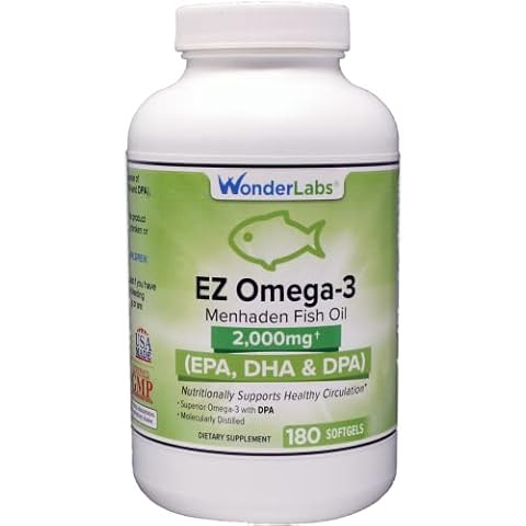 Wonder Laboratories EZ Omega-3 Atlantic Menhaden Fish Oil Supplement 2000 mg, Burpless, Made in The USA, Perfect Balance of EPA+ DHA + DPA 180 Softgels Cover