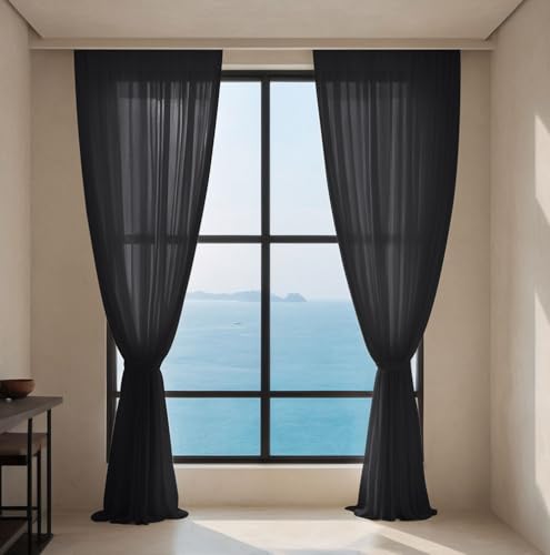 Lukery Rideau Voilage, Lot de 2 Rideaux Voilage, Voilages Intérieurs Rideau Fenetre pour Salon Voilage Fenetre Moderne Panneaux de Rideaux Intérieurs (140x245cm,Noir)