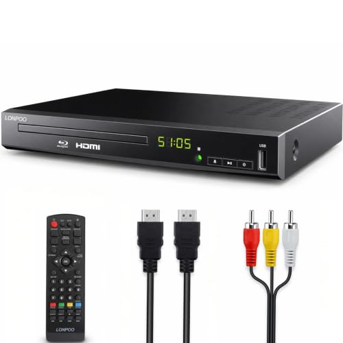 LONPOO LP-100 HD Blu-Ray Disc Player for TV with HDMI and AV Cables Upscaling TV CD DVD Player 1080P, Built-in PAL NTSC, HDMI Output, AV Output, Coaxial Output, USB Input