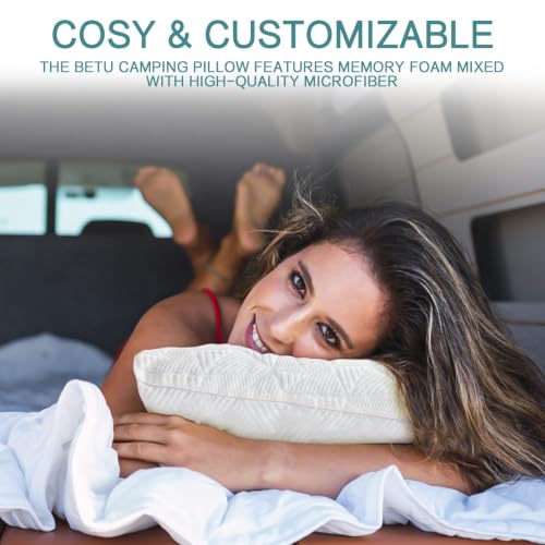 Image of BETU Cooling Small Pillow for Travel & Camping, Adjustable Soft Support Pillow for Backpacking, Hiking Gear, Airplane, Breathable Shredded Memory Foam Pillows for Sleeping with Washable Cover