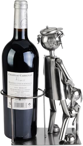 BRUBAKER Weinflaschenhalter Jäger mit Jagdhund - Flaschenhalter aus Metall - Jagd Geschenk Metallfigur mit Hund - Weingeschenk Flaschenständer mit Geschenkkarte - Farbe: Silber
