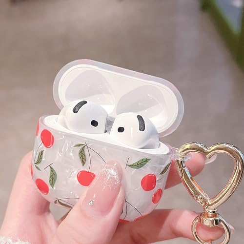 Image of MINSCOSE for AirPods 4 Clear Case,Cute Glitter Cherry Leaves Pattern Aesthetic Design with Cherry HeartShaped Keychain,Soft TPU Protective Shockproof Case for Women Girls for Airpods 4-Red