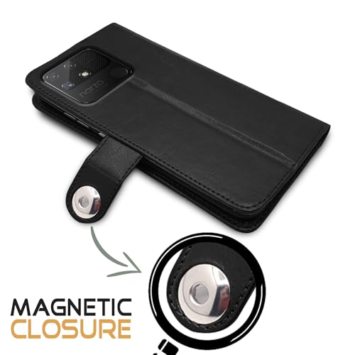 Image of Pikkme Realme Narzo 50A Flip Cover Leather Finish | Inside TPU with Card Pockets | Wallet Stand and Shock Proof | Complete Protection Button Flip Case (Black)