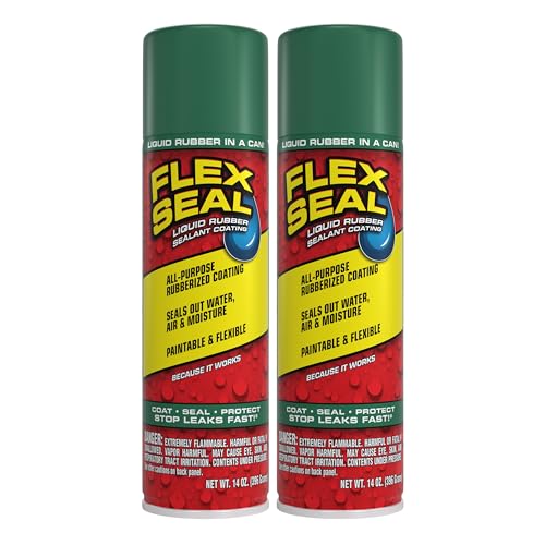 Image of Flex Seal, 14 oz, 2-Pack, Green, Stop Leaks Instantly, Waterproof Rubber Spray On Sealant Coating, Perfect for Gutters, Wood, RV, Campers, Roof Repair, Skylights, Windows, and More