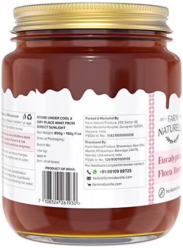 Image of Farm Naturelle Eucalyptus Flower Wild Forest (Jungle) Honey 850g +150g Extra|100% Pure Honey| Raw & Unfiltered|Unprocessed|Lab Tested Honey In Glass Jar with Engraved Virgin Wooden Spoon|Antioxidant, Anti-inflammatory Honey