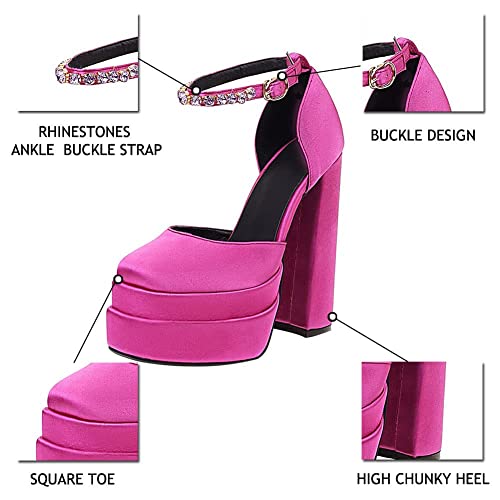 VIMISAOI Chunky Block Heels for Women Fashion Square Toe Ankle Strap Buckle Rhinestones Wedge Silk Satin High Platform Heels Dress Pumps Shoes Rose Red4