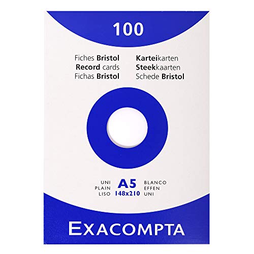 Exacompta Bristol - Tarjeta de registro, Liso, A5, paquete de 100 tarjetas, Liso, Blanco, A5, paquete de 100 tarjetas