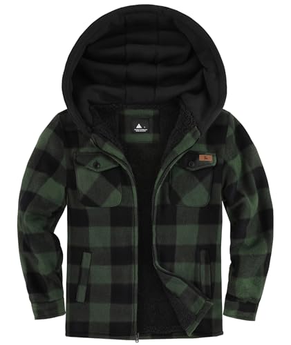 Image of ZITY Boys Flannel Jacket Sherpa Lined Zip Up Hoodie | Thick Plaid Shirt With 4 Pockets,Warm,Soft,Kids Outerwear,Machine Washable,School,Daily,Hiking,Camping,Winter Coat,6-15 Years